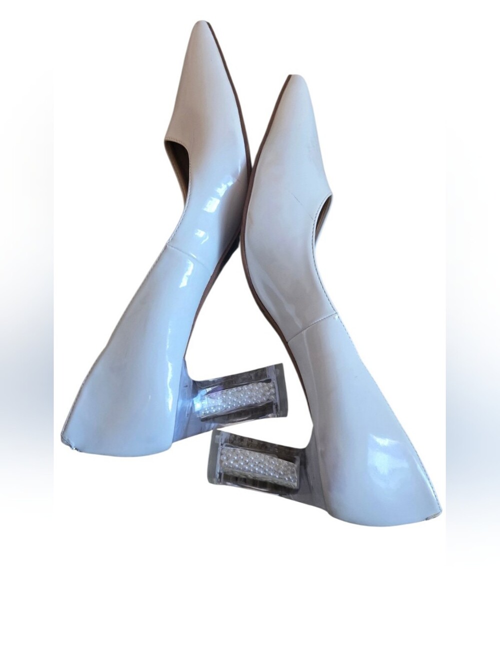 J. Renee White Patent Leather Clear Pearl Block Heel Pointed Toe Pumps 11M